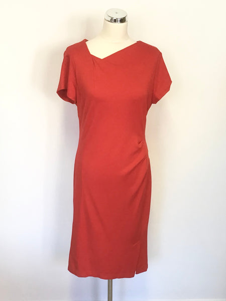 LK BENNETT POCO SALSA RED STRETCH JERSEY SHORT SLEEVE PENCIL DRESS SIZE 14