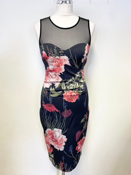 KAREN MILLEN BLACK FLORAL PRINT SLEEVELESS PENCIL DRESS SIZE 10