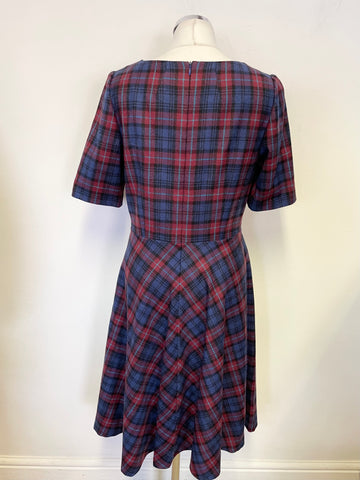 BODEN BRITISH TWEED BY MOON RED & BLUE TARTAN SHORT SLEEVED FIT & FLARE DRESS SIZE 12L