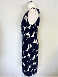 PHASE EIGHT NAVY BLUE & IVORY PRINT SLEEVELESS STRETCH PENCIL DRESS SIZE 14