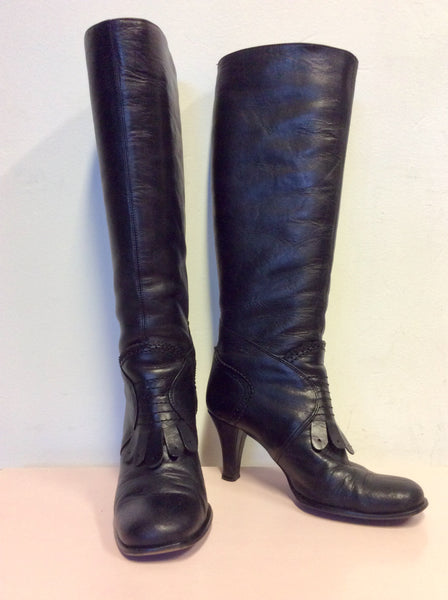 HOBBS BLACK LEATHER FRINGE TRIM KNEE LENGTH BOOTS SIZE 4/37