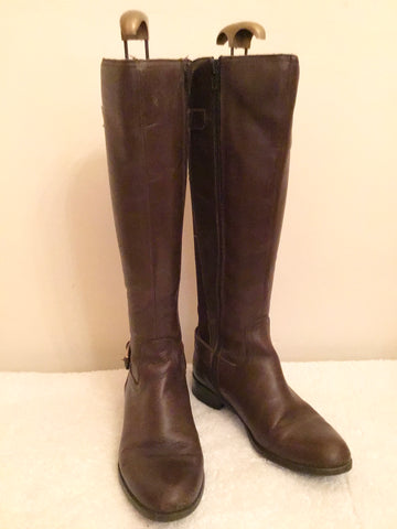 OFFICE BROWN LEATHER BUCKLE TRIM KNEELENGTH BOOTS SIZE 4/37