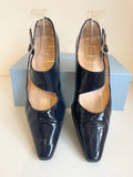 RUSSELL & BROMLEY NAVY BLUE PATENT LEATHER BUCKLE STRAP HEELS SIZE 6/39