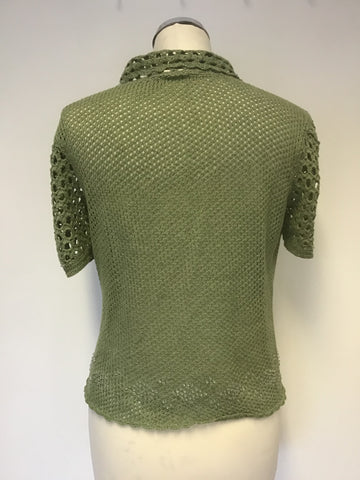 WHISTLES GREEN CROCHET KNIT SHORT SLEEVE CARDIGAN SIZE 2 UK 10/12