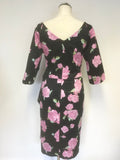 BRAND NEW BOMBSHELL BLACK & PINK ROSE PRINT HALF SLEEVE PENCIL DRESS SIZE 14