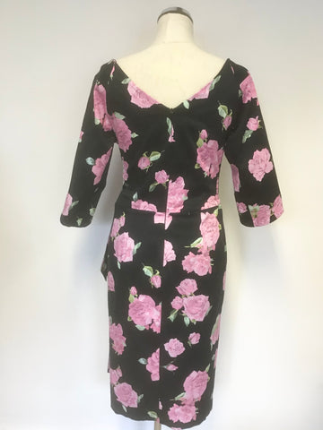 BRAND NEW BOMBSHELL BLACK & PINK ROSE PRINT HALF SLEEVE PENCIL DRESS SIZE 14