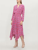 MAJE RAYINA DARK PINK DITSY FLORAL PRINT LONG SLEEVE ASYMMETRIC HEM DRESS SIZE 1 UK 8/10