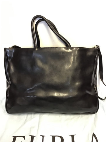 FURLA BLACK COATED LEATHER LARGE TOTE BAG WITH DETACHABLE SHOULDER STRAP