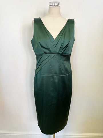 BRAND NEW HOBBS HADLEY BOTTLE GREEN SATIN SLEEVELESS SPECIAL OCCASION PENCIL DRESS SIZE 14