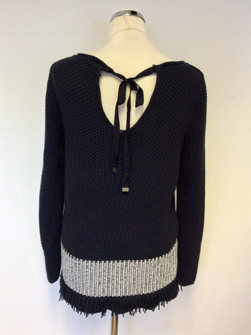 MINT VELVET DARK BLUE & WHITE WEAVE FRINGE TRIM JUMPER SIZE 12