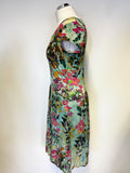 PERUVIAN CONNECTION GREEN &  MULTICOLOURED  FLORAL PRINT CAP SLEEVE FIT & FLARE DRESS SIZE XS