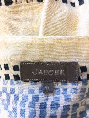 JAEGER WHITE & MULTI COLOURED PRINT LONG SLEEVE WITH TIE CUFF TUNIC TOP SIZE 12