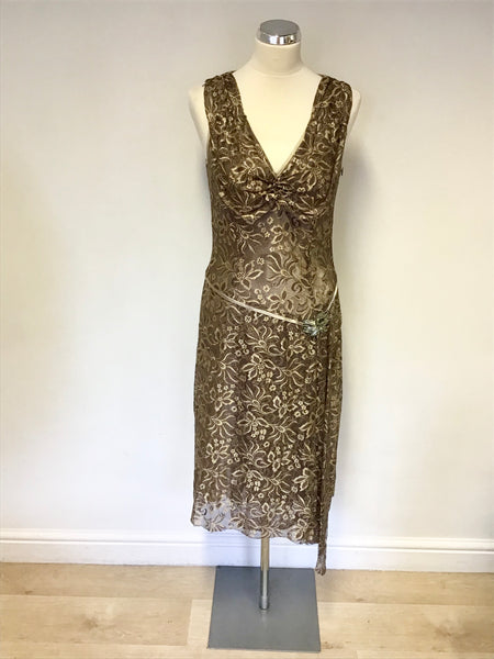 PHASE EIGHT BRONZE & GOLD LACE BEADED TRIM SPECIAL OCCASION DRESS SIZE 10