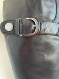 KAREN MILLEN BLACK LEATHER BUCKLE TRIM HEELED KNEE LENGTH BOOTS SIZE 5/38
