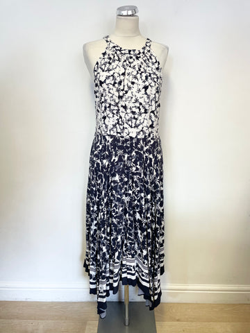 MINT VELVET NAVY & IVORY FLORAL PRINT HANDKERCHIEF HEM MIDI DRESS SIZE 14