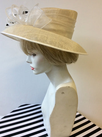 NIGEL RAYMENT IVORY & WHITE WITH BLACK FEATHER TRIM FORMAL HAT