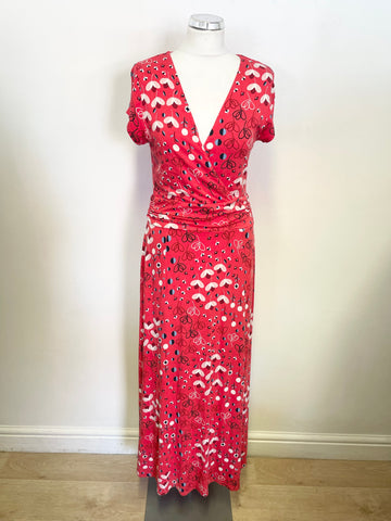 BODEN RED FLORAL PRINT STRETCH JERSEY CAP SLEEVE MAXI DRESS SIZE 12 R