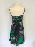 TED BAKER BLACK,GREY & GREEN PRINT SILK STRAPPY SPECIAL OCCASION DRESS SIZE 2 UK 10