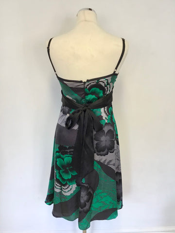 TED BAKER BLACK,GREY & GREEN PRINT SILK STRAPPY SPECIAL OCCASION DRESS SIZE 2 UK 10
