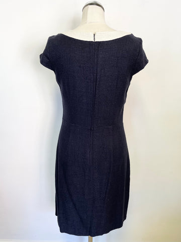 HOBBS NAVY BLUE & WHITE TRIMMED CAP SLEEVE SHEATH DRESS SIZE 12
