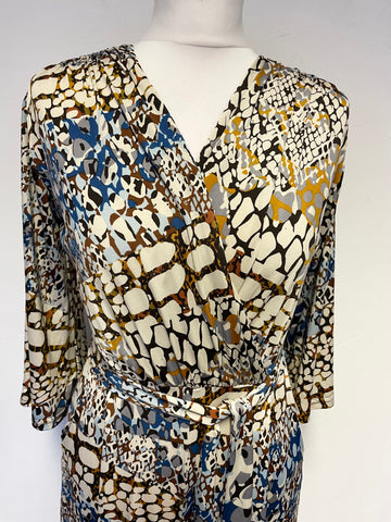 ONJENU LONDON MULTI COLOURED PRINT BELTED JUMPSUIT SIZE 10