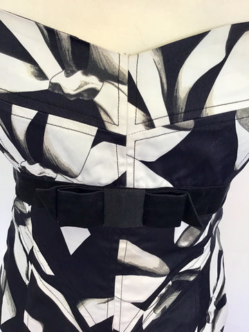 KAREN MILLEN BLACK,IVORY & GREY BOW PRINT STRAPLESS OCCASION DRESS SIZE 12