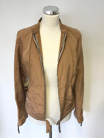 KRIZIA JEANS TAN & CREAM TRIM LIGHTWEIGHT ZIP UP JACKET SIZE 16 BUT FIT UK 12/14