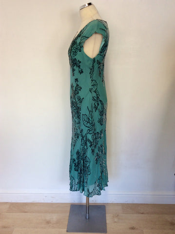 COUNTRY CASUALS GREEN & VELVET EMBELISHED FLORAL PRINT DRESS SIZE 14