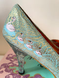 IRREGULAR CHOICE TURQUOISE & GOLD PAISLEY PRINT PERSPEX HEELS SIDE 7/40