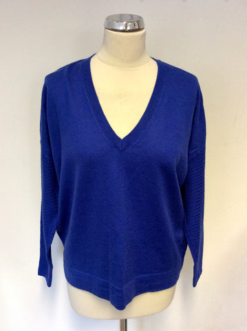 REISS ELECTRIC BLUE RAYA WOOL V NECK JUMPER SIZE M
