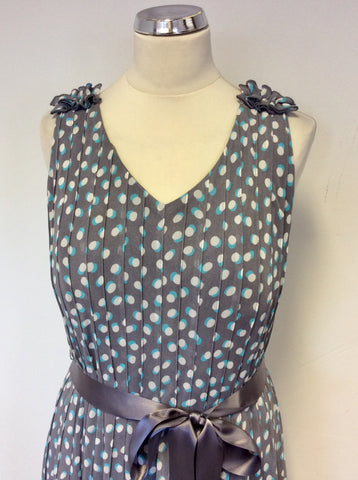 JACQUES VERT TURQOUISE & GREY PRINT OCCASION DRESS & BOLERO CARDIGAN SIZE 16