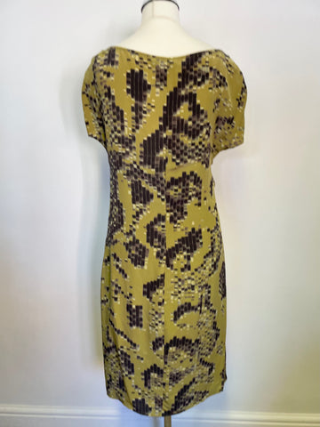 TED BAKER GREEN PRINT SILK CAP SLEEVED PENCIL DRESS SIZE 2 UK 10