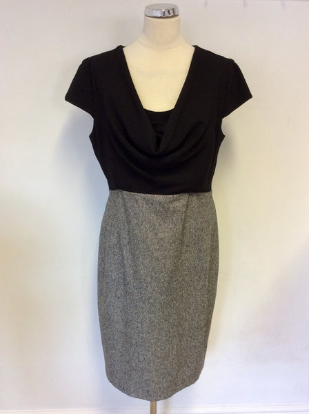 JAEGER BLACK WITH BLACK & WHITE MARL WOOL BLEND DRESS SIZE 14