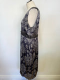 WHISTLES GREY & SILVER FLORAL PRINT SILK SLEEVELESS SHIFT DRESS SIZE 16