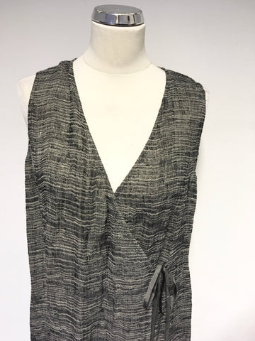 EILEEN FISHER GREY MARL FINE KNIT SLEEVELESS WRAP ACROSS LONG CARDIGAN SIZE M
