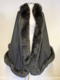 HUNDRED PERCENT CASHMERE DARK GREY FUR TRIM LARGE WRAP AROUND ONE SIZE