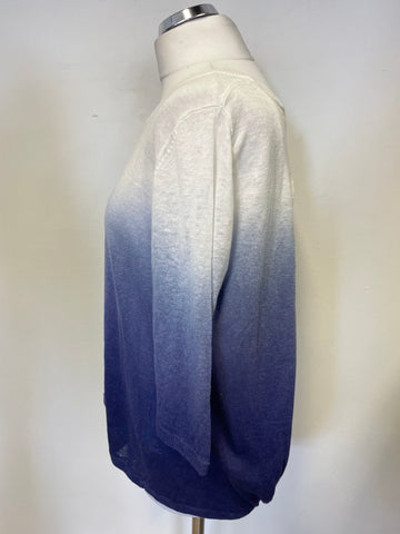 MINT VELVET BLUE & WHITE FINE KNIT 3/4 SLEEVE CUT OUT BACK JUMPER SIZE 14