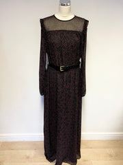 MICHAEL KORS BLACK & BURGUNDY STAR PRINTED BELTED CHIFFON MAXI DRESS SIZE L