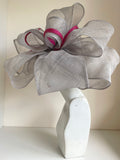 SILVER GREY & FUCHIA PINK TRIM HATINATOR WITH LARGE FLOWER DESIGN ON HEADBAND