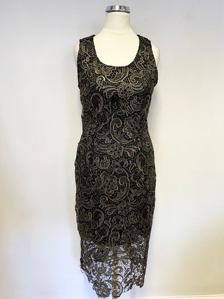 SANS SOUCI BLACK & GOLD LACE OVERLAY SLEEVELESS PENCIL DRESS SIZE S