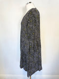 MASAI BLACK,WHITE & YELLOW PRINT V NECK 3/4 SLEEVE TUNIC/ SHORT DRESS SIZE L