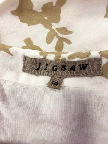 JIGSAW TAUPE & IVORY PRINT SILK & COTTON SLEEVELESS DRESS SIZE 14