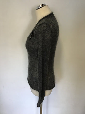 LUISA CERANO DARK GREY MOHAIR BLEND EMBELISHED TRIM V NECK JUMPER SIZE 12