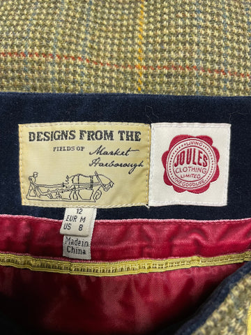 JOULES GREEN & MUSTARD TRIM TWEED WOOL A LINE TIE FRONT SKIRT SIZE 12