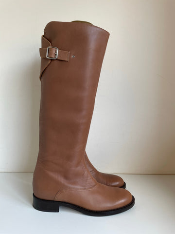 HOBBS TAN LEATHER REAR ZIP BUCKLE TRIM FLAT BOOTS SIZE 5/38