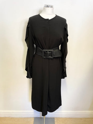 MODERN RARITY BLACK FRILLED LONG SLEEVED SHIFT DRESS WITH OPTIONAL BELT SIZE 10