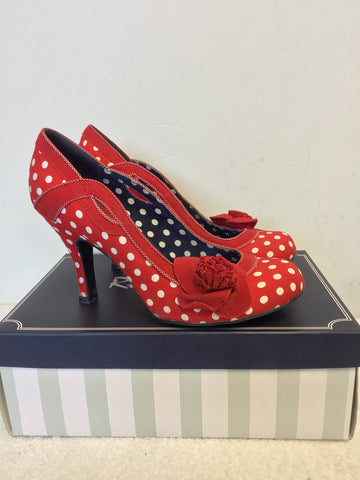 RUBY SHOO RED & WHITE SPOT HEELS WITH FLOWER TRIM SIZE 7/40