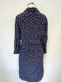 IRIS & INK NAVY BLUE & WHITE PRINT 100% SILK 3/4 SLEEVE BELTED SHIRT DRESS SIZE 8