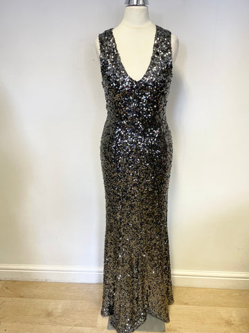 FRENCH CONNECTION OLIVE GREEN SEQUINNED FULL LENGTH EVENING DRESS SIZE 8