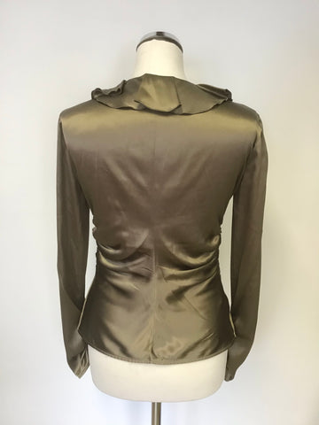 ARMANI COLLEZIONI BRONZE SILK RUCHED & FRILL V NECKLINE FITTED BLOUSE SIZE 42 UK 12